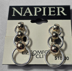 Vintage Signed Napier Clip On Dangle Earrings Silver Tone Rings & Spheres NEW
