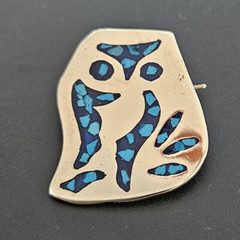 Vintage Taxco Mexico Alpaca Silver Owl Brooch Pin Turquoise Inlay Mexican Artisa