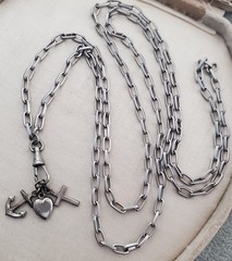 Antique Victorian Love Faith Hope Fob Charm Watch Chain 33″ Necklace Dog Clip