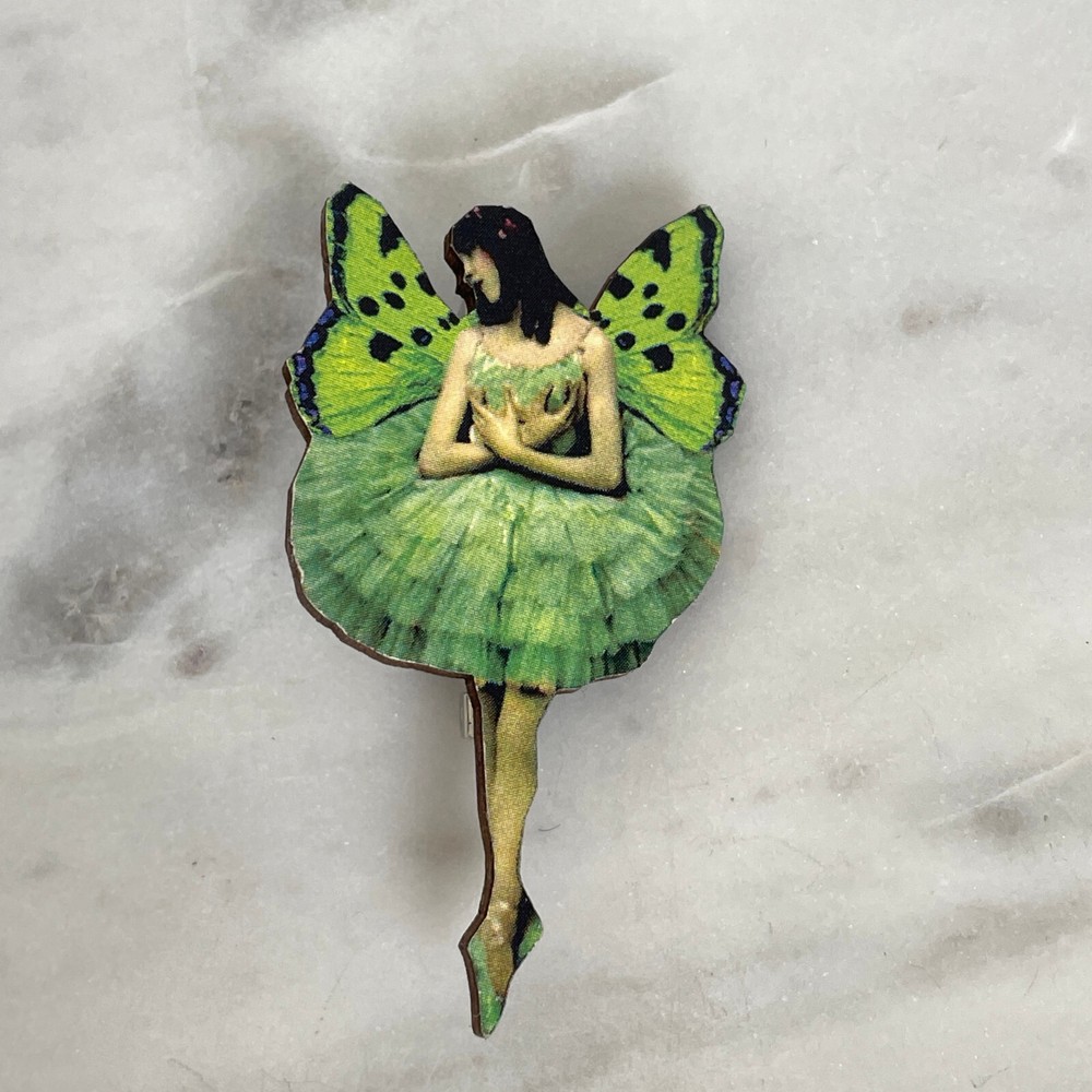 OOAK Handmade BUTTERFLY FAIRY ART BROOCH Artisan Photo Print Jewelry Laser Wood