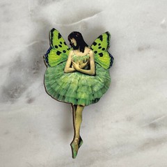 OOAK Handmade BUTTERFLY FAIRY ART BROOCH Artisan Photo Print Jewelry Laser Wood