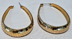 Vintage Gold Tone Statement Earrings ~Large Hammered Loop~Retro~ 3 1/8″ Long~EUC