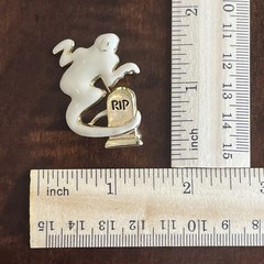 Vintage Halloween White Enamel Ghost And Tombstone Brooch Signed SFJ
