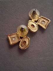 1980s bold runway earrings, glass cabochon trio, geometric, asymmetrical