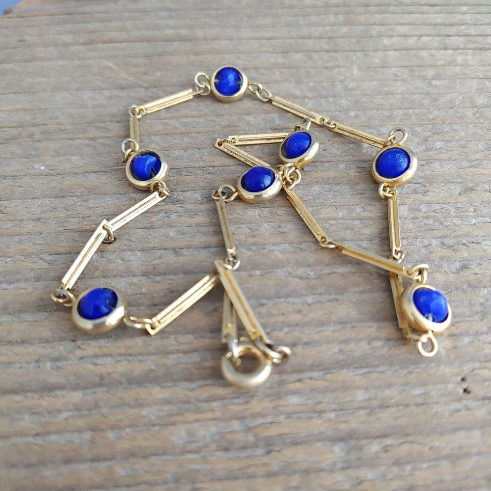 Vintage Gold Tone Long Link Chain Necklace Encased Navy Blue Bead Stations 15”