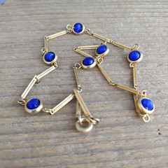 Vintage Gold Tone Long Link Chain Necklace Encased Navy Blue Bead Stations 15”