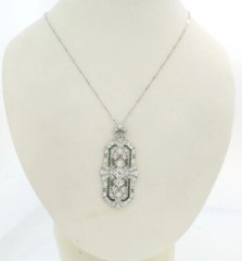 Art Deco Round Lab Created Diamond & Baguette Emerald Wedding 925 Silver Pendant