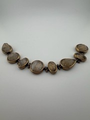 Vintage Brass Statement Bracelet Rutilated Quartz Mixed Stone Peacock Engraving
