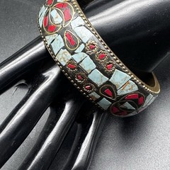 Nepalese Brass Bangle Bracelet Mosaic Turquoise Coral Inlay Boho Ethnic Jewelry