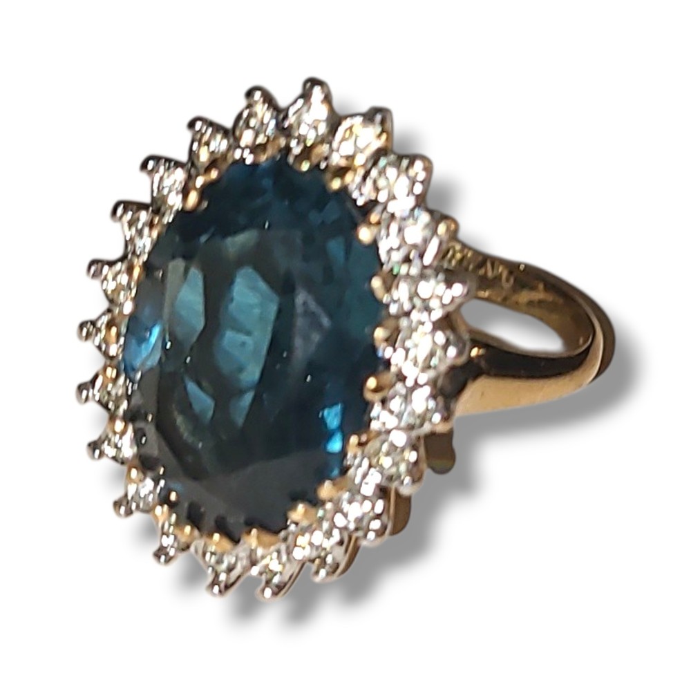 Vintage 18K HGE Blue Sapphire Color CZ Halo Cocktail Ring Princess Diana Style10