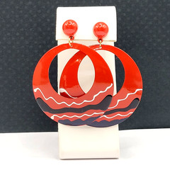 Large Metal Hoop Red Black White Enamel Hand Painted Pierced Vintage Earrings
