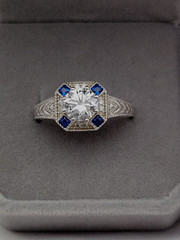 Vintage BBJ Sterling 1.00ct Round Crystal 4 Blue Sapphire Art Deco ring Sz9 4gr