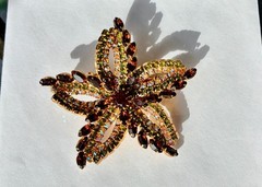 Vintage Rhinestone Brooch Flower Star Brown Green Rainbow AB Beautiful Prong Set
