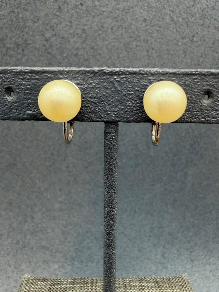Vintage Hinged Clip-On Earrings 3/8 In As Is Silver Ivory Pearl Retro Screw-Back