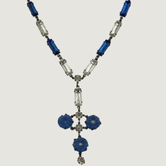 Antique Art Deco Rhinestone Flower Y Drop Necklace Silver Tone READ
