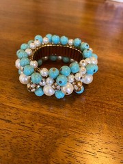 Vintage Expandable Cha-Cha Bead Bracelet Rhinestones Faux Turquoise Pearls