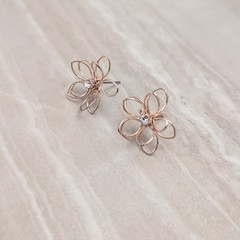 Vintage Stud Earrings 3D Wire Flower Rose Gold Tone, Clear Gem Whimsical Floral