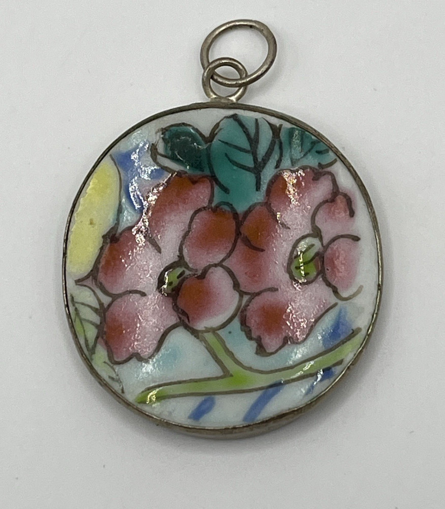 Vintage Hand Painted Ceramic Shard Floral Pendant Pottery Round Silver Tone
