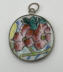 Vintage Hand Painted Ceramic Shard Floral Pendant Pottery Round Silver Tone