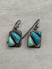 Vintage Southwest Sterling Silver Blue & Green Stone Rectangle Drop Earrings