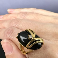 SETA Gold Plated Black Onyx Caabochon Rhinestone Cab Ring Vintage Sz 8