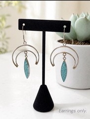 Vintage Alpaca Mexico Modernist Double Crescent Turquoise Inlay Dangle Earrings