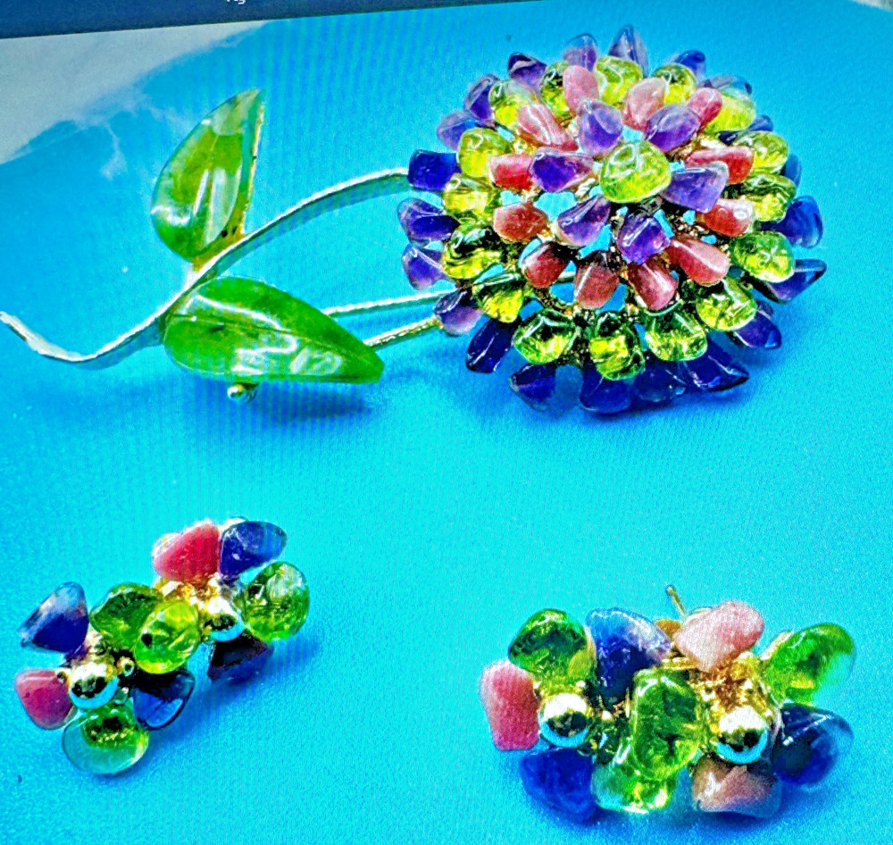 Vtg RARE 3 Pc Demi-Parure Set Designer Edward Swoboda Gemstone Brooch/Earrings