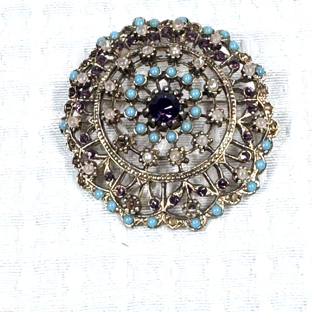 Vintage Brooch Turquoise Purple Rhinestone Faux Pearl Gold Tone Round 2″ Repair