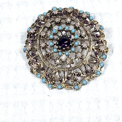 Vintage Brooch Turquoise Purple Rhinestone Faux Pearl Gold Tone Round 2″ Repair