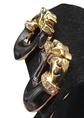 Jackie Collins Rare Clip On Earrings Figural Cougar Loop Black Enamel Rhinestone