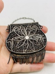 Antique Silver Tone Intricate Filigree Swirl Flower Coin Perfume Purse Pendant