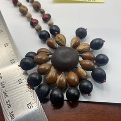 Vintage Handmade Wood Seed Beaded Flower Statement Necklace Buckeye Acorn 26in