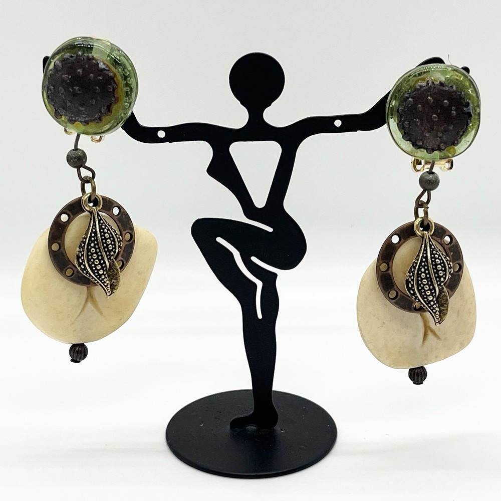 Vintage Clip On Earrings Dangles Green Glass Plastic Gold Tone Metal