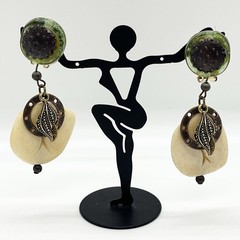 Vintage Clip On Earrings Dangles Green Glass Plastic Gold Tone Metal