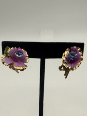 Vintage Austria Crystal Brooch and Earring Set 1950s Gold Tone Enamel Floral