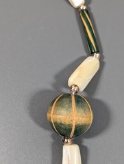 Vintage Boho Neckalce Green Carved Style Wood Cream Shell Bead Necklace 24 in