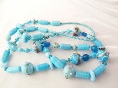 Vintage Sky Blue Wedding Cake & Mixed Shape Art Glass Bead Necklace & Earrings
