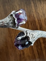 Vintage European 800 Silver Brutalist Bypass Bangle Bracelet Amethyst Cabochon