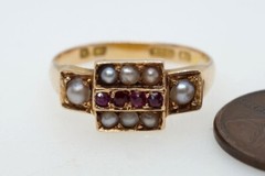 PRETTY ANTIQUE VICTORIAN ENGLISH 15K GOLD RUBY & PEARL RING c1872