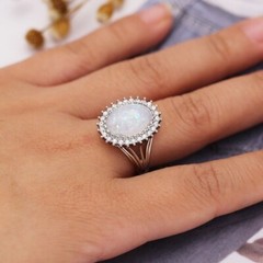 Silver Plated Fire Opal Inlay Christmas Ring 2 CT CZ Vintage Style Unisex Ring