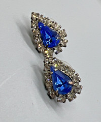 Vintage Teardrop Rhinestone Earrings Blue & Clear Crystal Accent Post Pierced El