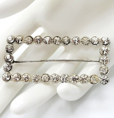 Rhinestone Open Metal Rectangle Frame Early 20th Century Silver Tone Brooch Pin