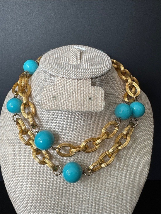 VTG Les Bernard Costume Jewelry Turquoise Bead Gold Plated Link Necklace