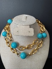 VTG Les Bernard Costume Jewelry Turquoise Bead Gold Plated Link Necklace
