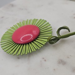 Vintage Mod Flower Brooch Pink Green Enamel Stem Pin MCM Retro Atomic Space Age