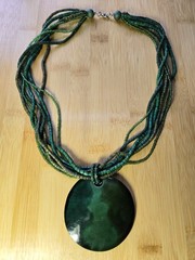 Faux Jade Pendant Layered Beaded Necklace, Green and Earth Toned Beads 22″