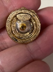Vintage Carol Lee Earrings Large Statement Button Iridescent Pearl In Gold Cage