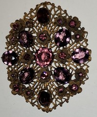Vintage Oval Floral Brooch Magenta Purple Rhinestone Mid Century Gold Tone Metal
