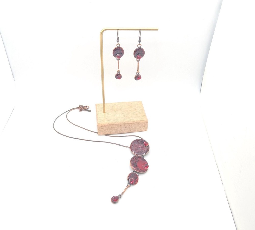 Vintage Copper Red Flower Drop Dangle Jewelry Necklace Matching Set Rhinestone