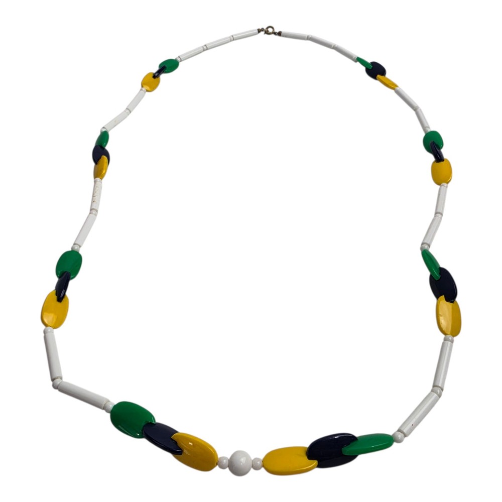 Vintage Colorful Beaded 32″ Necklace Blue Green Yellow White Boho Bohemian MCM
